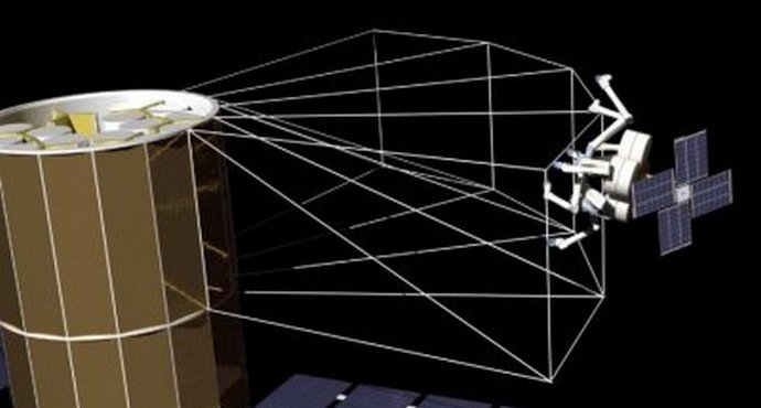 Robot ragno che tessono una ragnatela in orbita della Terra