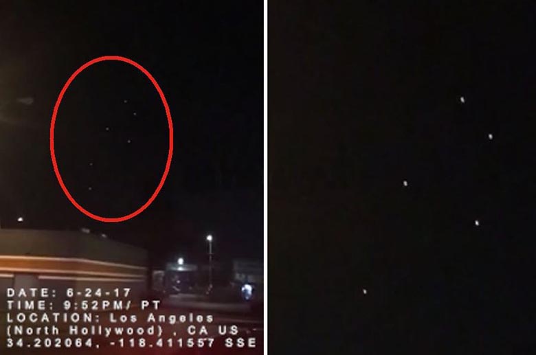 Sei brillanti UFO cerchiati nel cielo notturno