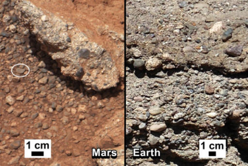 Il letto di un torrente prosciugato su Marte (a sinistra) e sulla Terra (a destra) NASA / JPL-Caltech